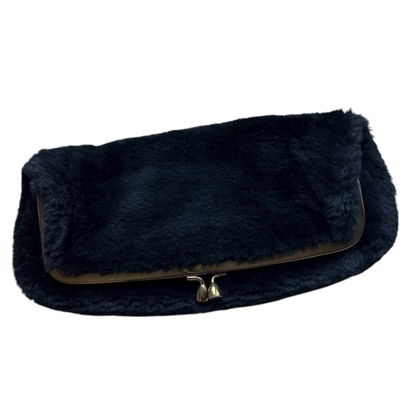 Black Fur Kiss Lock Clutch Ingber Vintage Faux Vegan Large EXCELLENT CONDITION - Picture 2 of 16